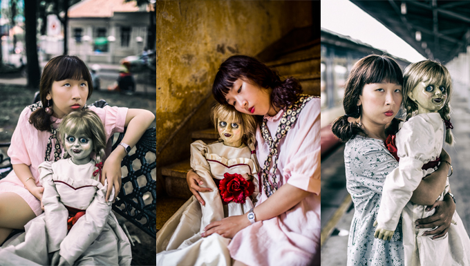 “Thánh bựa” Trang Hý nắm tay búp bê Annabelle đi khắp Sài Gòn 