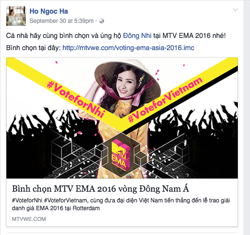 MTV EMA 2016: Mỹ Tâm, Hồ Ngọc Hà cùng loạt sao Việt kêu gọi fan bình chọn cho Đông Nhi - Ảnh 2 MTV EMA 2016: Mỹ Tâm, Hồ Ngọc Hà cùng loạt sao Việt kêu gọi fan bình chọn cho Đông Nhi - Ảnh 2