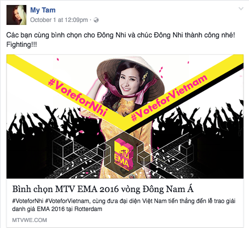 MTV EMA 2016: Mỹ Tâm, Hồ Ngọc Hà cùng loạt sao Việt kêu gọi fan bình chọn cho Đông Nhi - Ảnh 1 MTV EMA 2016: Mỹ Tâm, Hồ Ngọc Hà cùng loạt sao Việt kêu gọi fan bình chọn cho Đông Nhi - Ảnh 1