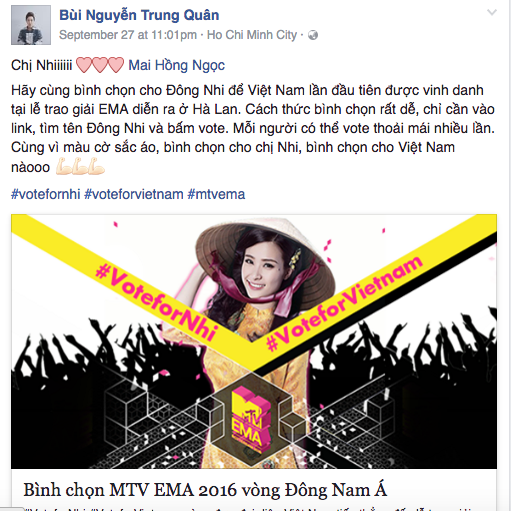 MTV EMA 2016: Mỹ Tâm, Hồ Ngọc Hà cùng loạt sao Việt kêu gọi fan bình chọn cho Đông Nhi - Ảnh 7 MTV EMA 2016: Mỹ Tâm, Hồ Ngọc Hà cùng loạt sao Việt kêu gọi fan bình chọn cho Đông Nhi - Ảnh 7