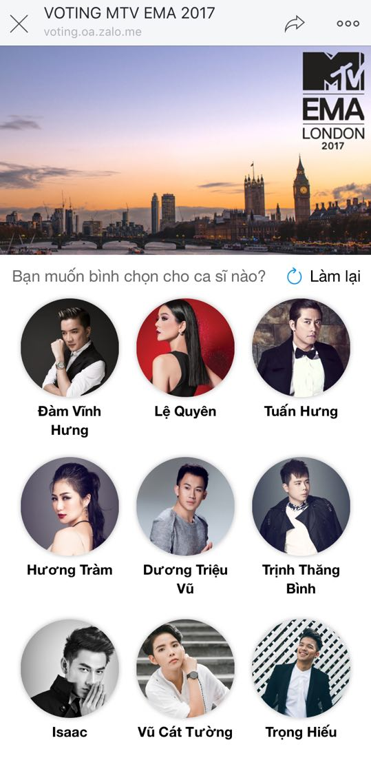 Số lượng 99 votes/ngày cho mỗi user follow trang zalo MTVVietnam